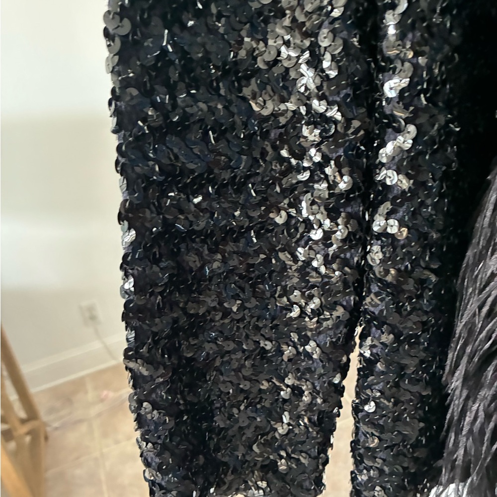 Black Sequin & Feather Statement Jacket - image 3